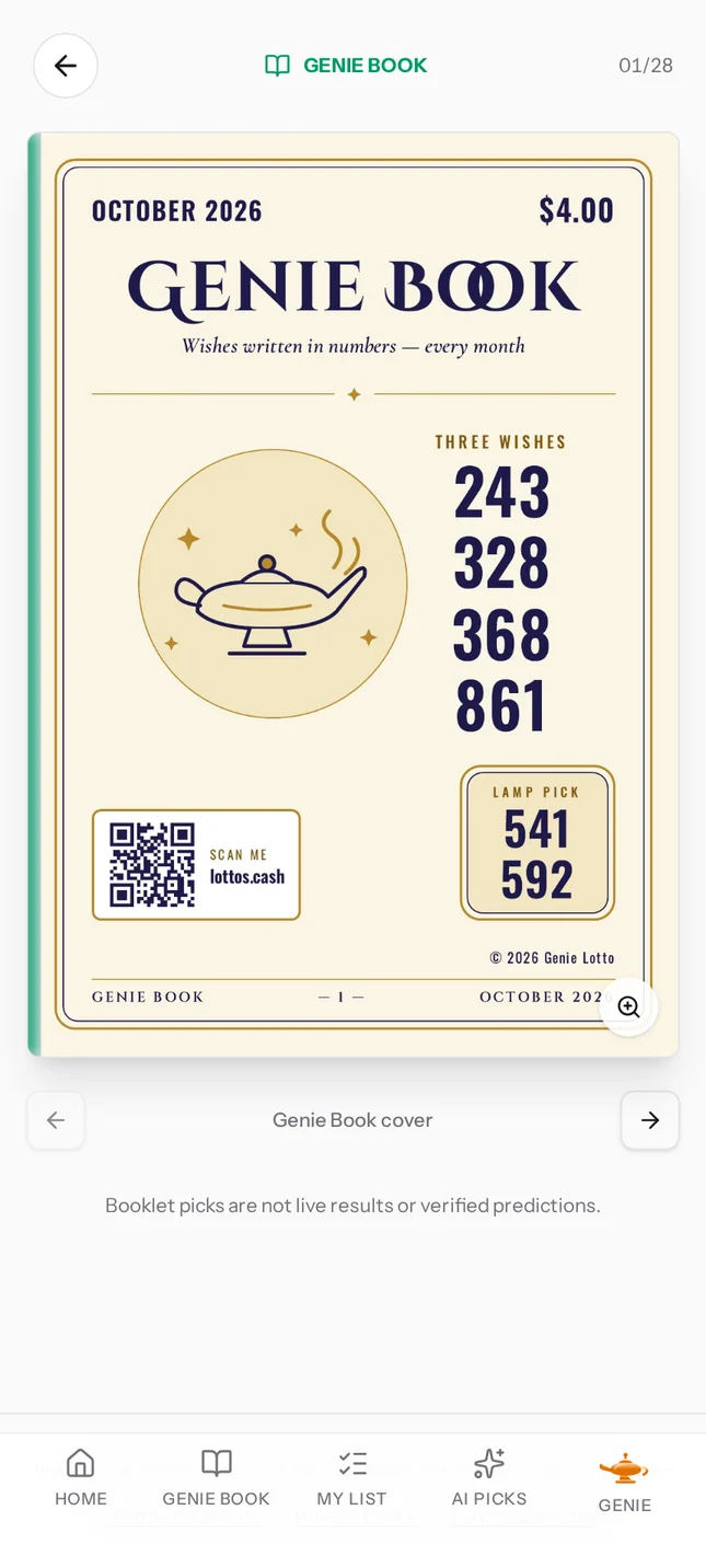 Actual Genie Book viewer showing the October 2026 cover and page-turning controls
